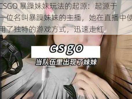 CSGO 暴躁妹妹玩法的起源：起源于一位名叫暴躁妹妹的主播，她在直播中使用了独特的游戏方式，迅速走红