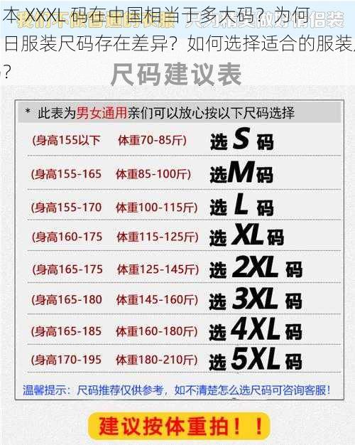 日本 XXXL 码在中国相当于多大码？为何中日服装尺码存在差异？如何选择适合的服装尺码？