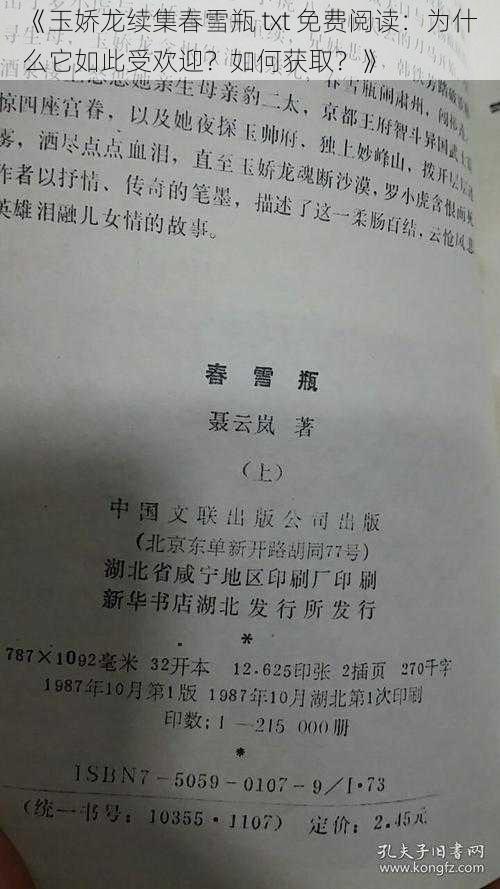 《玉娇龙续集春雪瓶 txt 免费阅读：为什么它如此受欢迎？如何获取？》